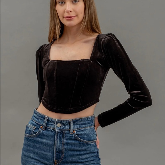 A17- Velvet Square Neck Long Sleeve Corset Crop Top - Picture 4 of 4